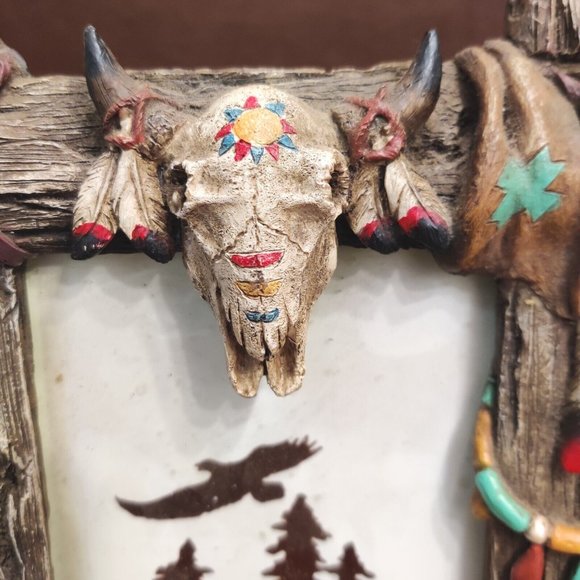 Rustic Native American Motif Resin Picture Frame Chief Cow Head Hide 7x9" Decor - Picture 8 of 15